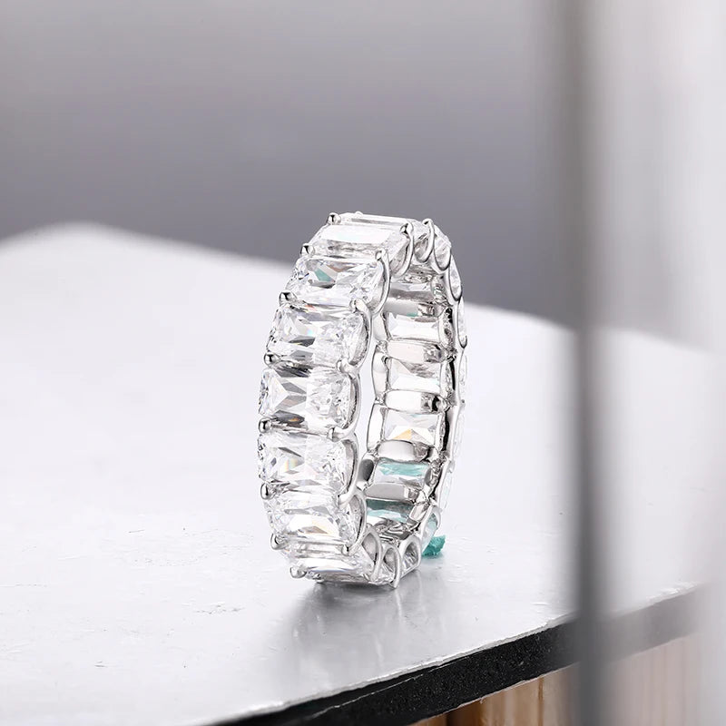 Anziw 925 Sterling Silver 6x4mm Radiant Cut Dull Eternity Engagement Ring Band Simulated Diamond Wedding Rings for Women Jewelry