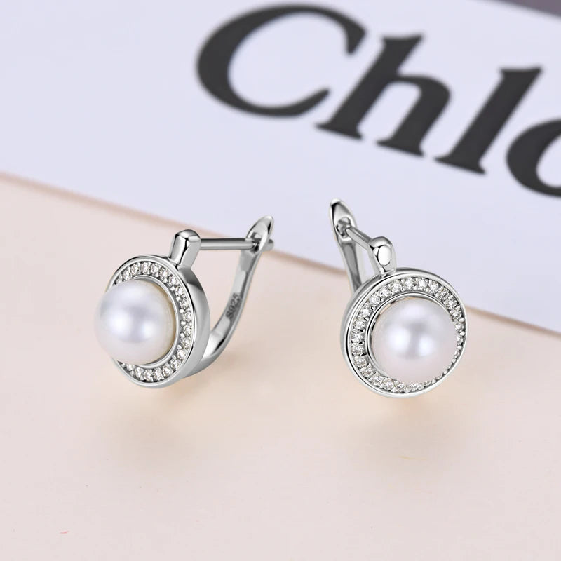 Anziw French Vintage Moissanite Hoops 7mm Freshwater Pearl Earrings Silver 925 Sterling Earring Wedding Jewelry for Women Gifts
