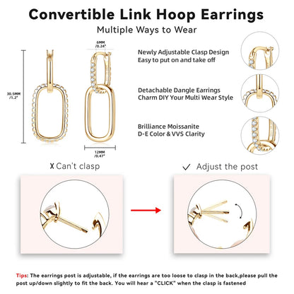 Anziw Convertible Paperclip Link Hoop Earring 925 Sterling Silver Round Moissanite Earrings Jewelry for Women Gift Wedding Party