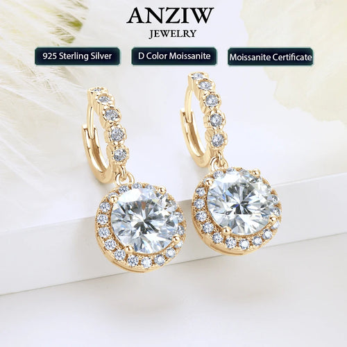 Anziw Real Sparkling 3.0 Ct D Moissanite Drop Hoop Earrings 100% 925 Silver Gold Plated 2.0ct Hanging Earring For Women Jewelry