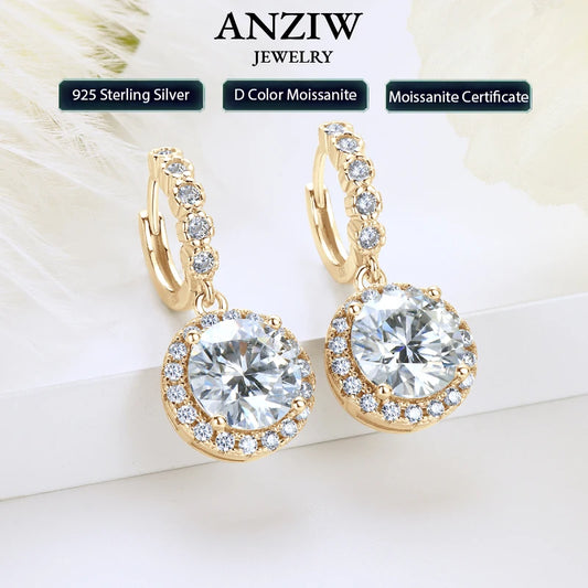 Anziw Real Sparkling 3.0 Ct D Moissanite Drop Hoop Earrings 100% 925 Silver Gold Plated 2.0ct Hanging Earring For Women Jewelry