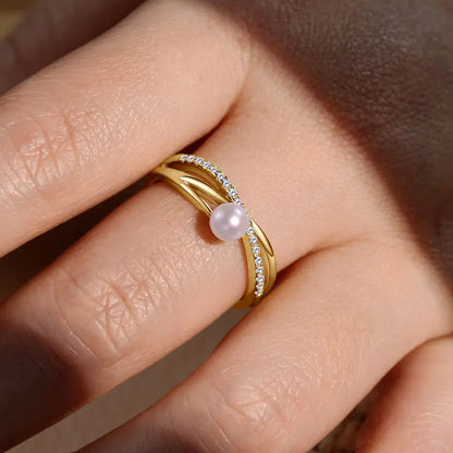 ANZIW s925 4-4.5mm Natural Freshwater Pearl Cross Rings for Women 925 Sterling Silver Trendy Opening Bands Ring Finger Jewelry