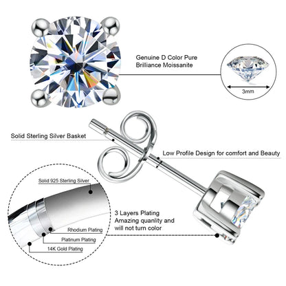 Anziw Sparkle Real Moissanite Black Stud Earrings Diamond 925 Silver Gold Ear Piercing Jewelry for Women Men Gifts 3mm/4mm/5mm