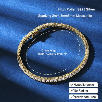 Anziw 925 Sterling Silver Plated 14K Gold Tennis Bracelet 3mm 5mm D VVS1 Round Moissanite Bracelets for Women Men Couples Gifts