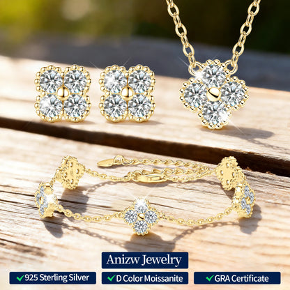 Anziw Lucky 3mm Moissanite Clover Flower Pendant Necklace Earrings Bracelet for Women 925 Silver Charm Jewelry Valentine's Gifts