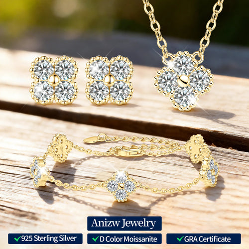 Anziw Lucky 3mm Moissanite Clover Flower Pendant Necklace Earrings Bracelet for Women 925 Silver Charm Jewelry Valentine's Gifts