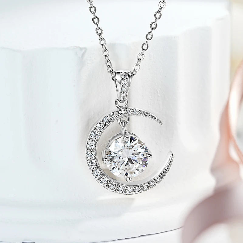Anziw 8mm 2.0CT D Moissanite Sun Crescent Pendant Necklaces For Women 925 Silver Adjustable Chain Charm Certified Jewelry Gifts