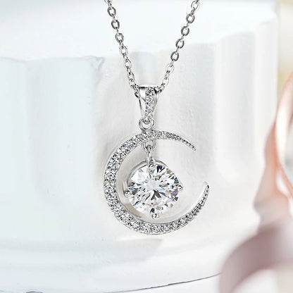 Anziw 8mm 2.0CT D Moissanite Sun Crescent Pendant Necklaces For Women 925 Silver Adjustable Chain Charm Certified Jewelry Gifts