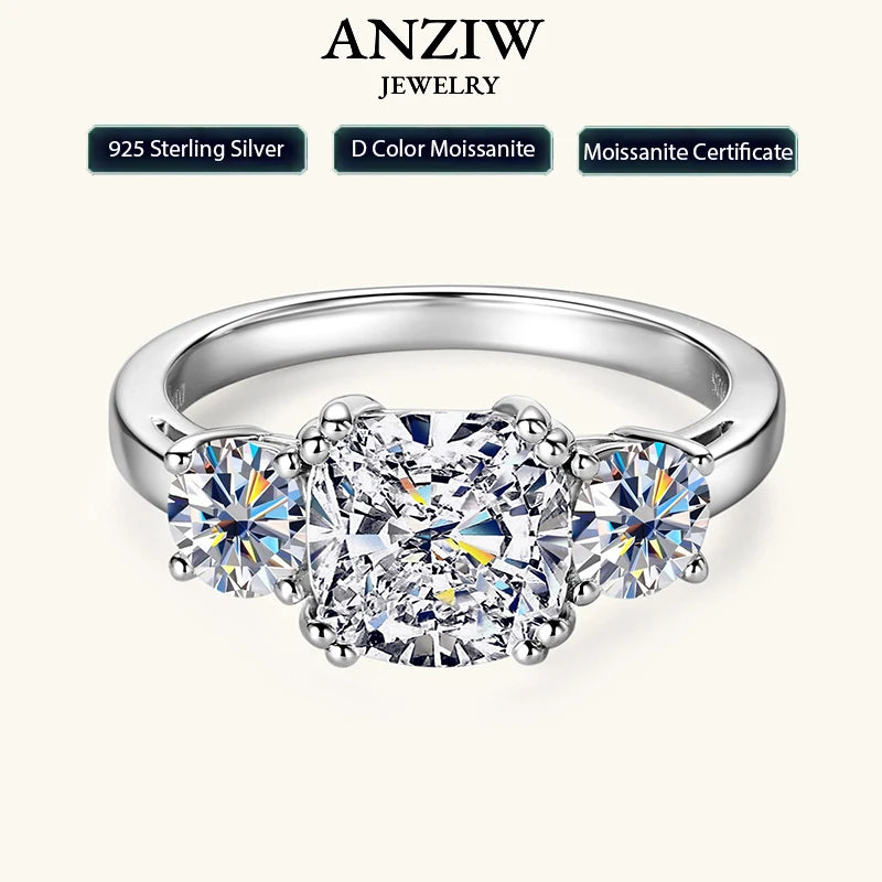 Anziw 3.5CTTW. Cushion & Round Moissanite Ring 925 Silver 3 Stone Engagement Wedding Promise Rings For Women Finger Jewelry D-E