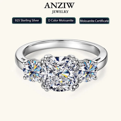 Anziw 3.5CTTW. Cushion & Round Moissanite Ring 925 Silver 3 Stone Engagement Wedding Promise Rings For Women Finger Jewelry D-E