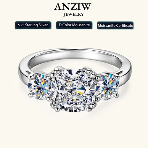 Anziw 3.5CTTW. Cushion & Round Moissanite Ring 925 Silver 3 Stone Engagement Wedding Promise Rings For Women Finger Jewelry D-E