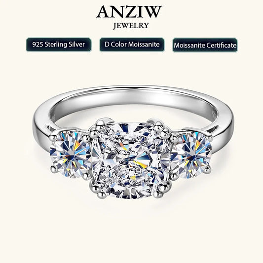 Anziw 3.5CTTW. Cushion & Round Moissanite Ring 925 Silver 3 Stone Engagement Wedding Promise Rings For Women Finger Jewelry D-E