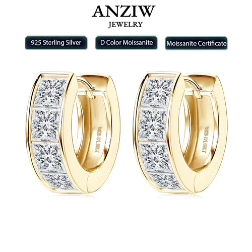 Anziw 3.20CTTW Princess Cut Moissanite Hoop Earrings 100% 925 Silver for Women Jewelry Small Hoops Huggie Inner Diameter 11mm