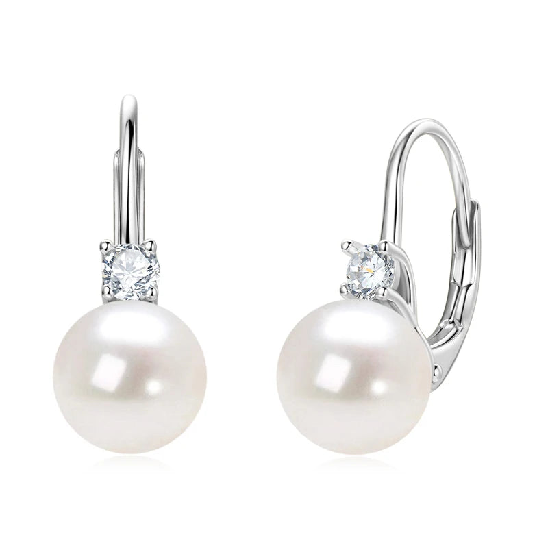 Anziw 925 Sterling Silver 8-9mm Natural Freshwater Pearl and 3mm Moissanite Hoop Drop Earrings Wedding Fine Jewelry for Women