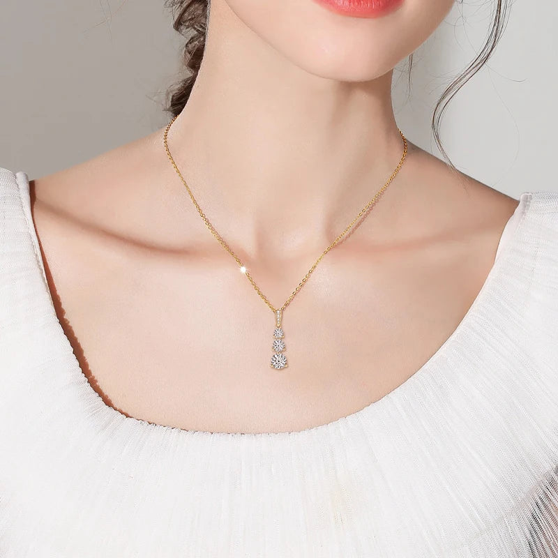 4mm&3.5mm&3mm 0.60cttw. 3 Stones D Color Moissanite Pendant Necklaces 925 Silver for Women 18K Gold Plated 2025 Trendy Jewelry