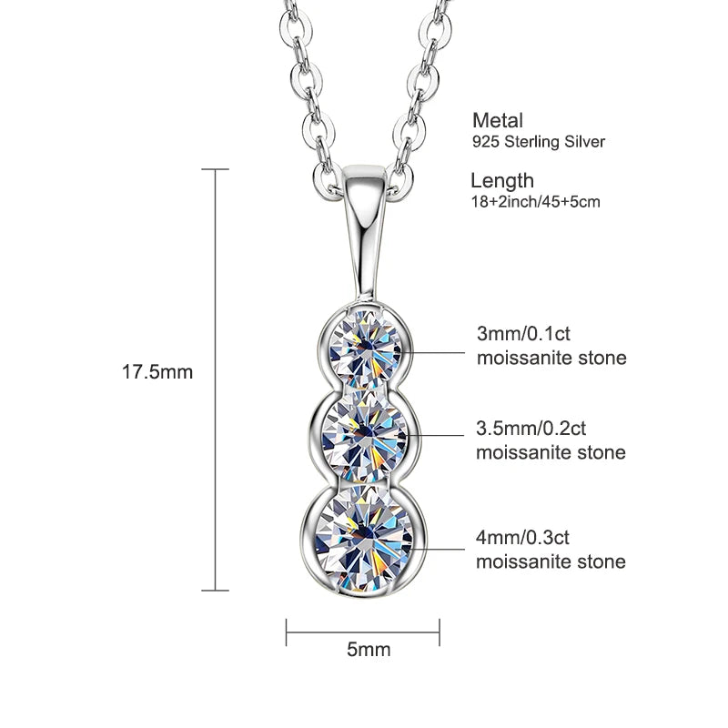 4mm&3.5mm&3mm 0.60cttw. 3 Stones D Color Moissanite Pendant Necklaces 925 Silver for Women 18K Gold Plated 2025 Trendy Jewelry