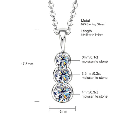4mm&3.5mm&3mm 0.60cttw. 3 Stones D Color Moissanite Pendant Necklaces 925 Silver for Women 18K Gold Plated 2025 Trendy Jewelry