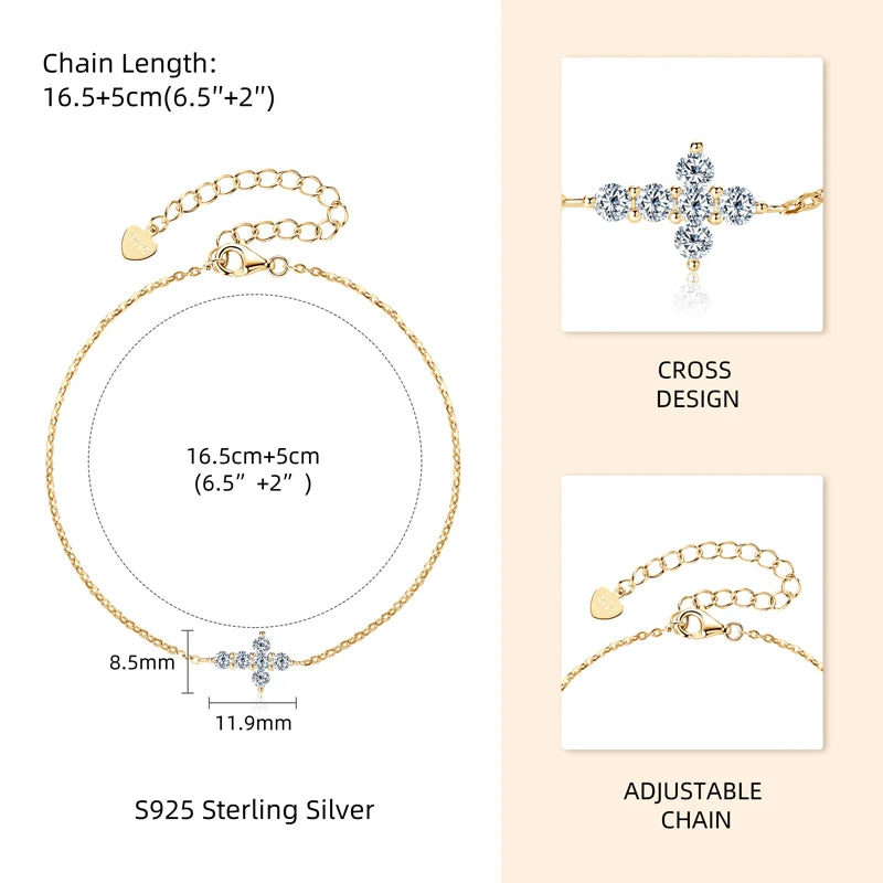 Anziw Real Moissanite Cross Bracelet 100% 925 Silver Adjustable Chain Bracelets for Women and Men Charm Jewelry Christmas Gifts