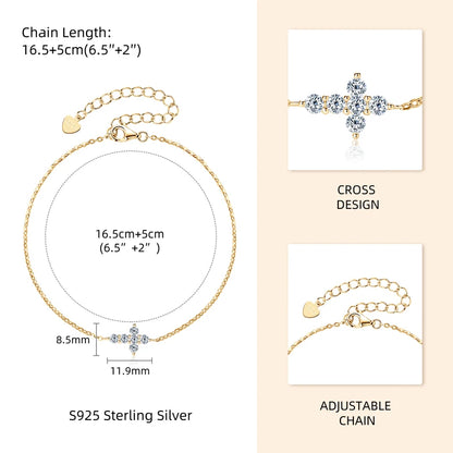 Anziw Real Moissanite Cross Bracelet 100% 925 Silver Adjustable Chain Bracelets for Women and Men Charm Jewelry Christmas Gifts