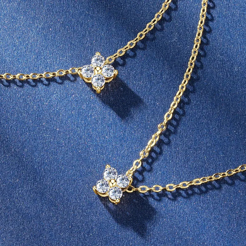 Anziw 100% Real 10K Gold Clover Flower 2.5mm D Moissanite Pendant Necklace Adjustable Chain for Women Lucky Charm Jewelry Gifts