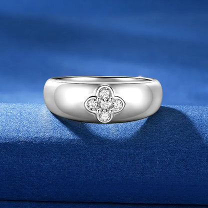 Anziw Trendy 925 Chunky Wide Ring Moissanite Clover Flower Finger Bands Thick Rings for Women S925 Silver Cute Jewelry Certified