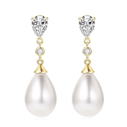 Anziw Elegant 925 Sterling Silver Earrings 13mm White Shell Pearl Drop Stud Earrings Engagement Wedding Fine Jewelry for Women