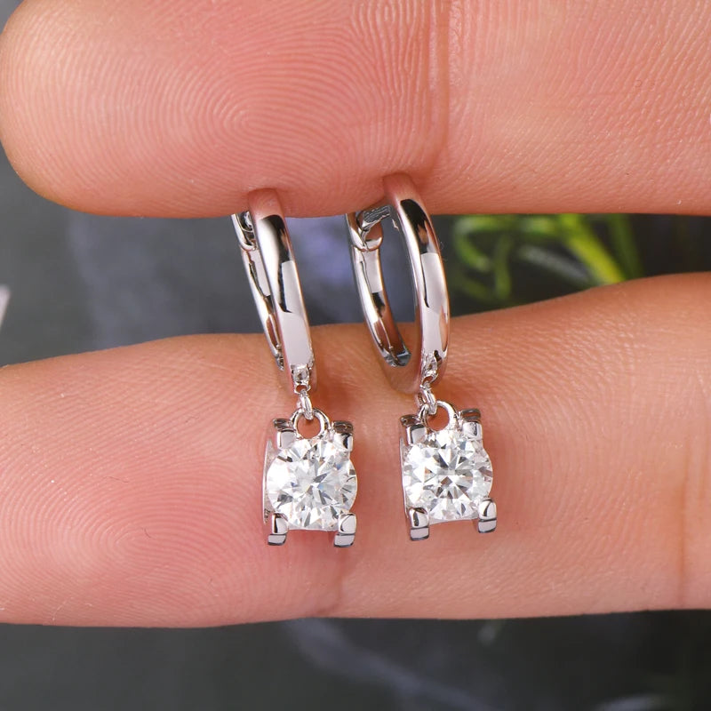 Real 925 Sterling Silver 5mm 1ctw. Round D Color Moissanite Diamond Drop Hoop Earrings For Women Fine Jewelry Wedding Party Gift