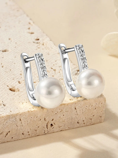 Anziw Genuine 925 Sterling Silver Earrings 8-8.5mm Cultured Freshwater Pearl Hoop Huggie Earrings Wedding Jewelry for Women Gift