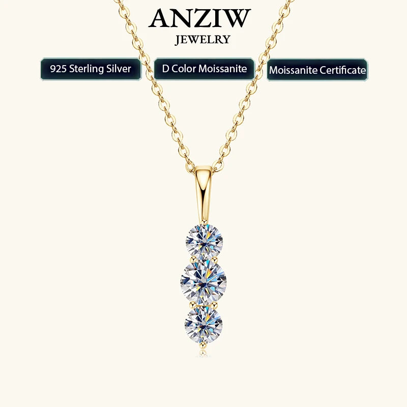 Anziw 1.1ctw. D Moissanite Pendant Necklace for Women 925 Silver Three-Stone Vertical Bar Pendants Adjustable Chain Jewelry Gift