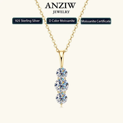 Anziw 1.1ctw. D Moissanite Pendant Necklace for Women 925 Silver Three-Stone Vertical Bar Pendants Adjustable Chain Jewelry Gift
