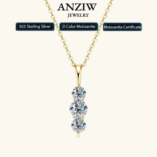 Anziw 1.1ctw. D Moissanite Pendant Necklace for Women 925 Silver Three-Stone Vertical Bar Pendants Adjustable Chain Jewelry Gift