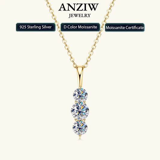 Anziw 1.1ctw. D Moissanite Pendant Necklace for Women 925 Silver Three-Stone Vertical Bar Pendants Adjustable Chain Jewelry Gift