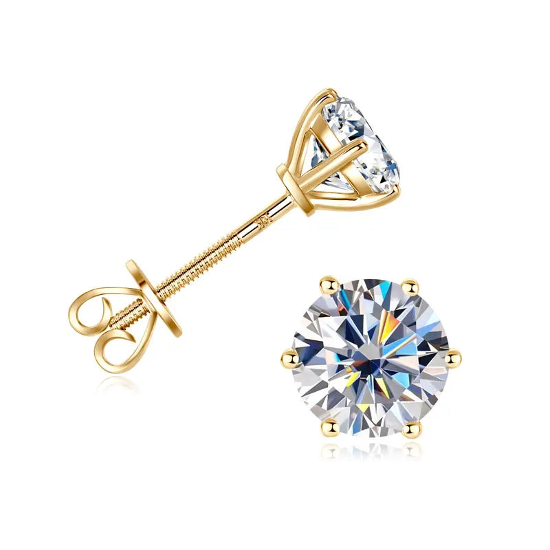 Anziw Real Gold 10K Stud Earrings Moissanite 1ct  6.5mm D Color Screw Back Six Claws Earrings for Women Men Classic Gold Jewelry