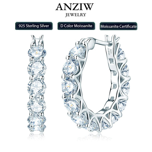 Anziw Luxury Hoops Sparking Full 3mm/4mm Moissanite Earrings Solid Silver 925 for Women Huggie Wedding Engagement Jewelry Gifts