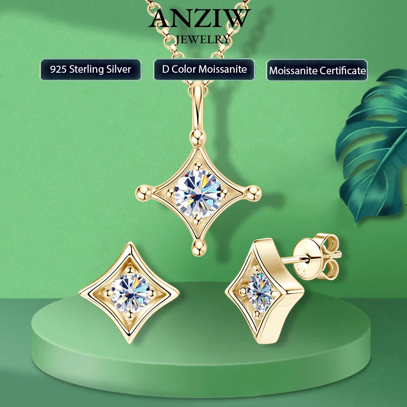 18K Gold Plated 925 Silver 5mm Round Moissanite Jewelry Set for Women Men Certified Star Pendant Necklace Stud Earrings Set Gift