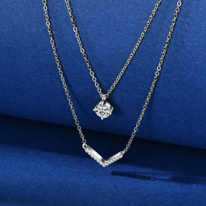 Anziw V Letter 5mm Moissanite Pendant Double Layer Necklace for Women 925 Sterling Silver Chain Clavicle 2025 New Jewelry Gifts