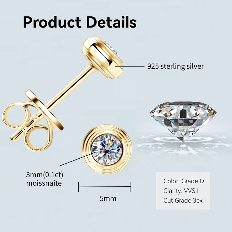 Anziw Bezel 5mm 6.5mm 1CT D Color Moissanite Earrings 925 Sterling Silver Plated K Gold Earrings for Men Women Gift Valentine's