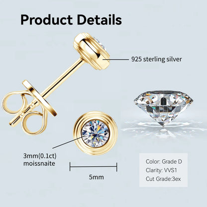 Anziw Bezel 5mm 6.5mm 1CT D Color Moissanite Earrings 925 Sterling Silver Plated K Gold Earrings for Men Women Gift Valentine's