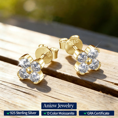 Trendy Clover Flower Stud Earrings 3mm D Moissanite Lab Diamond 100% Real 925 Silver Piercing Ear Jewelry for Women Gifts 2025