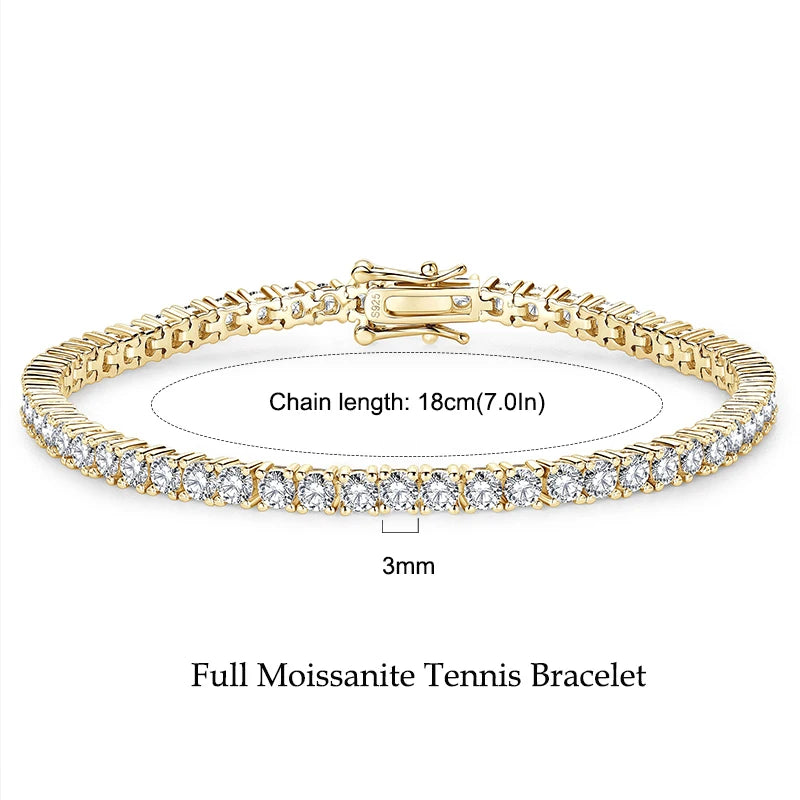 Anziw 925 Sterling Silver Plated 14K Gold Tennis Bracelet 3mm 5mm D VVS1 Round Moissanite Bracelets for Women Men Couples Gifts