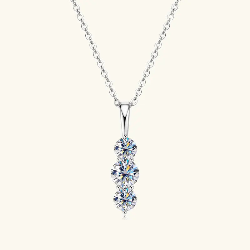 Anziw 1.1ctw. D Moissanite Pendant Necklace for Women 925 Silver Three-Stone Vertical Bar Pendants Adjustable Chain Jewelry Gift