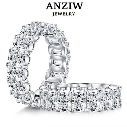 Anziw 925 Sterling Silver 6x4mm Radiant Cut Dull Eternity Engagement Ring Band Simulated Diamond Wedding Rings for Women Jewelry