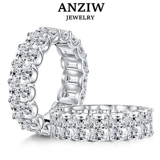 Anziw 925 Sterling Silver 6x4mm Radiant Cut Dull Eternity Engagement Ring Band Simulated Diamond Wedding Rings for Women Jewelry