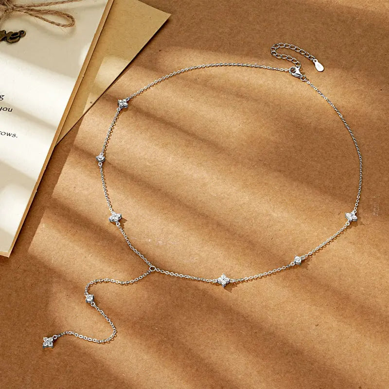 Anziw Moissanite Long Tassel Pendant Necklace 925 Silver Four Clover Flower Y Chain Necklace for Women Valentine Gift Trend 2024