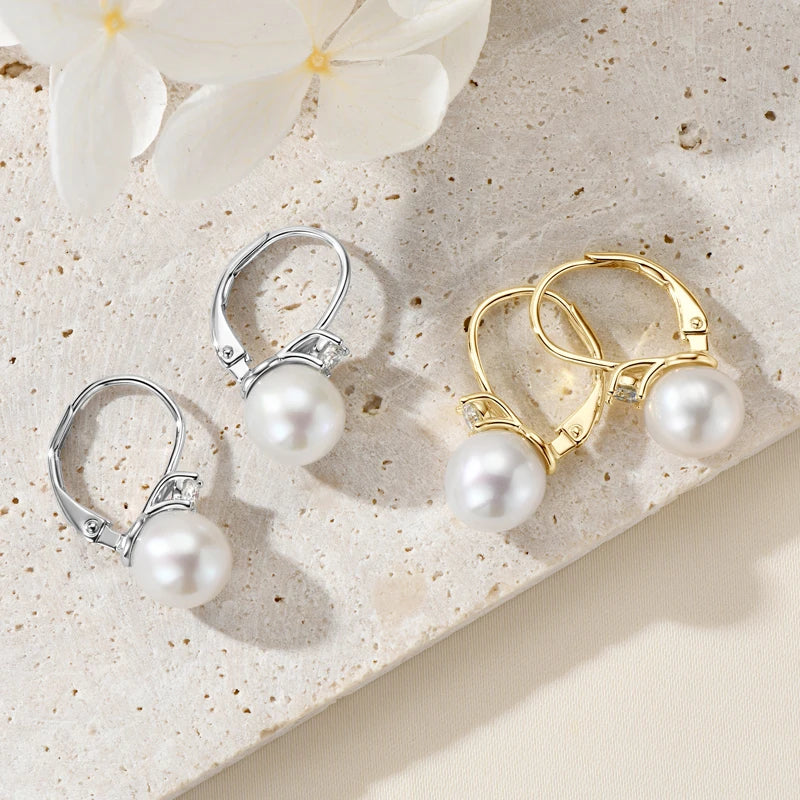 Anziw 925 Sterling Silver 8-9mm Natural Freshwater Pearl and 3mm Moissanite Hoop Drop Earrings Wedding Fine Jewelry for Women