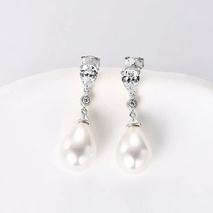 Anziw Elegant 925 Sterling Silver Earrings 13mm White Shell Pearl Drop Stud Earrings Engagement Wedding Fine Jewelry for Women