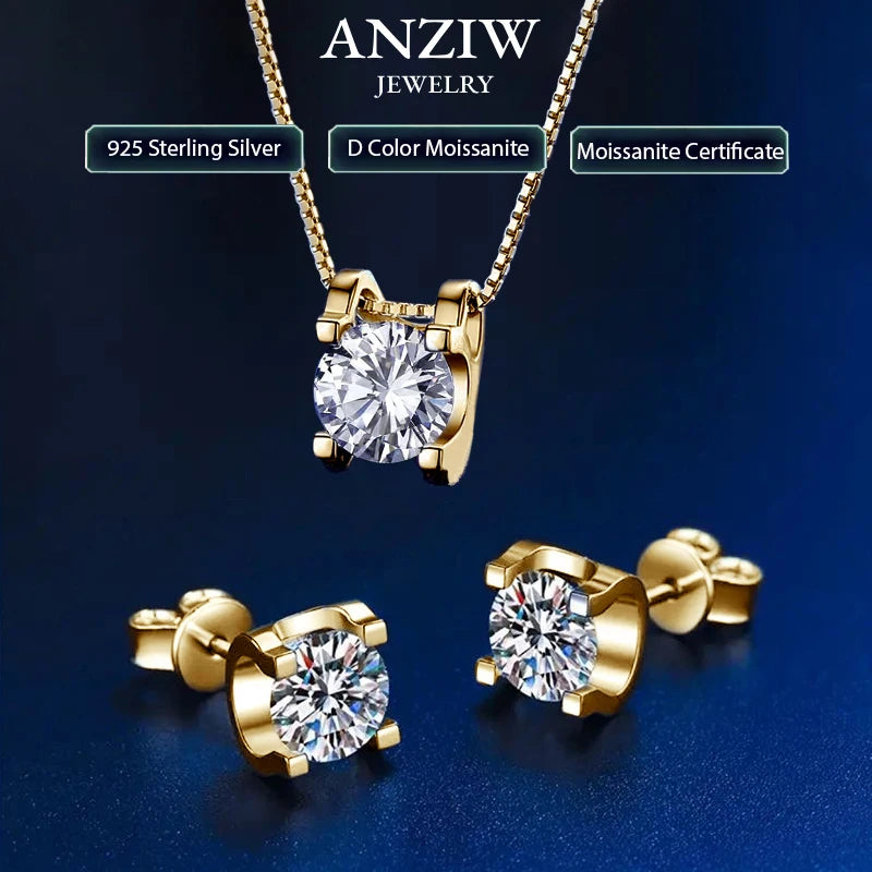 Original 925 Silver Certified 0.5CT D Color Moissanite Jewelry Set Solitaire Pendant Necklace Stud Earrings for Women Gifts S925