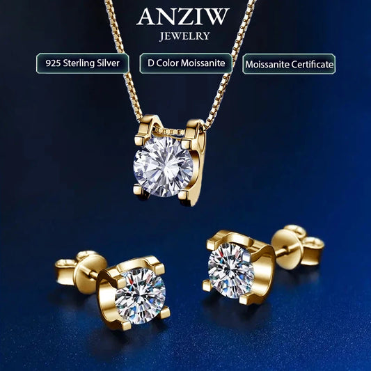 Original 925 Silver Certified 0.5CT D Color Moissanite Jewelry Set Solitaire Pendant Necklace Stud Earrings for Women Gifts S925