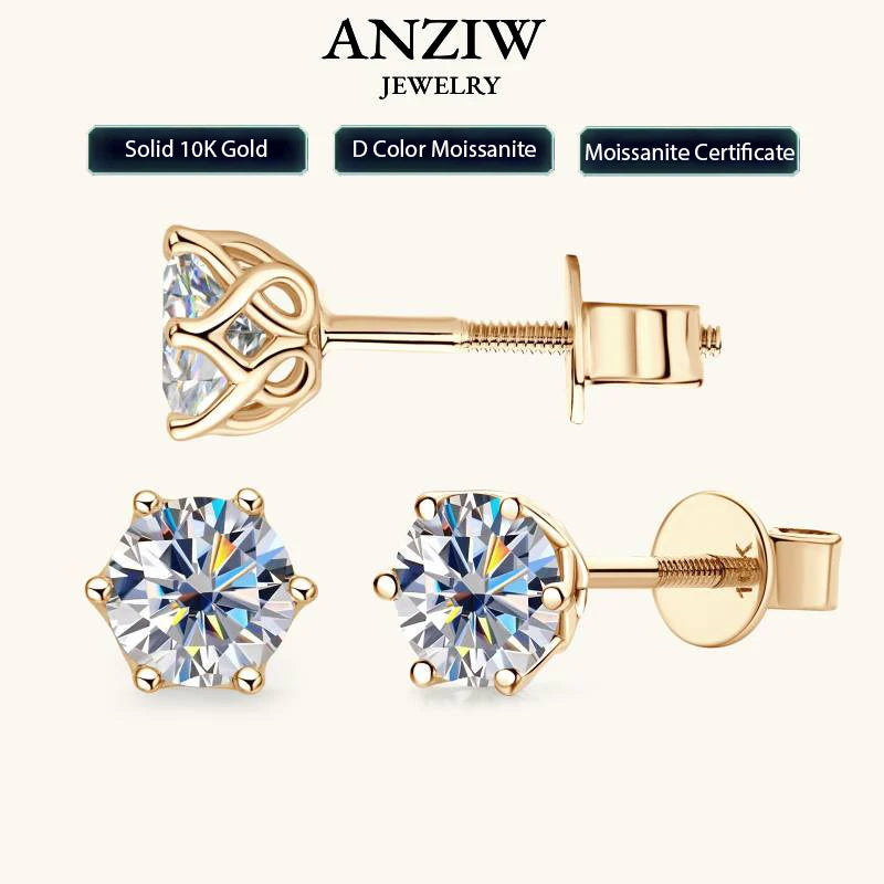 100% 10k Gold Stud Earrings 0.5ct 1.0ct Round Cut Moissanite Diamond Earrings for Men & Women Certified Real Yellow Gold Jewelry