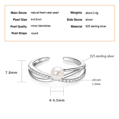 ANZIW s925 4-4.5mm Natural Freshwater Pearl Cross Rings for Women 925 Sterling Silver Trendy Opening Bands Ring Finger Jewelry